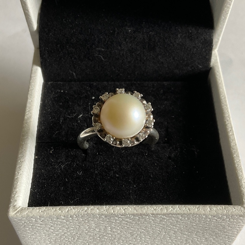 Pandora Silver Ring with White Pearl and Sparkling Accents
